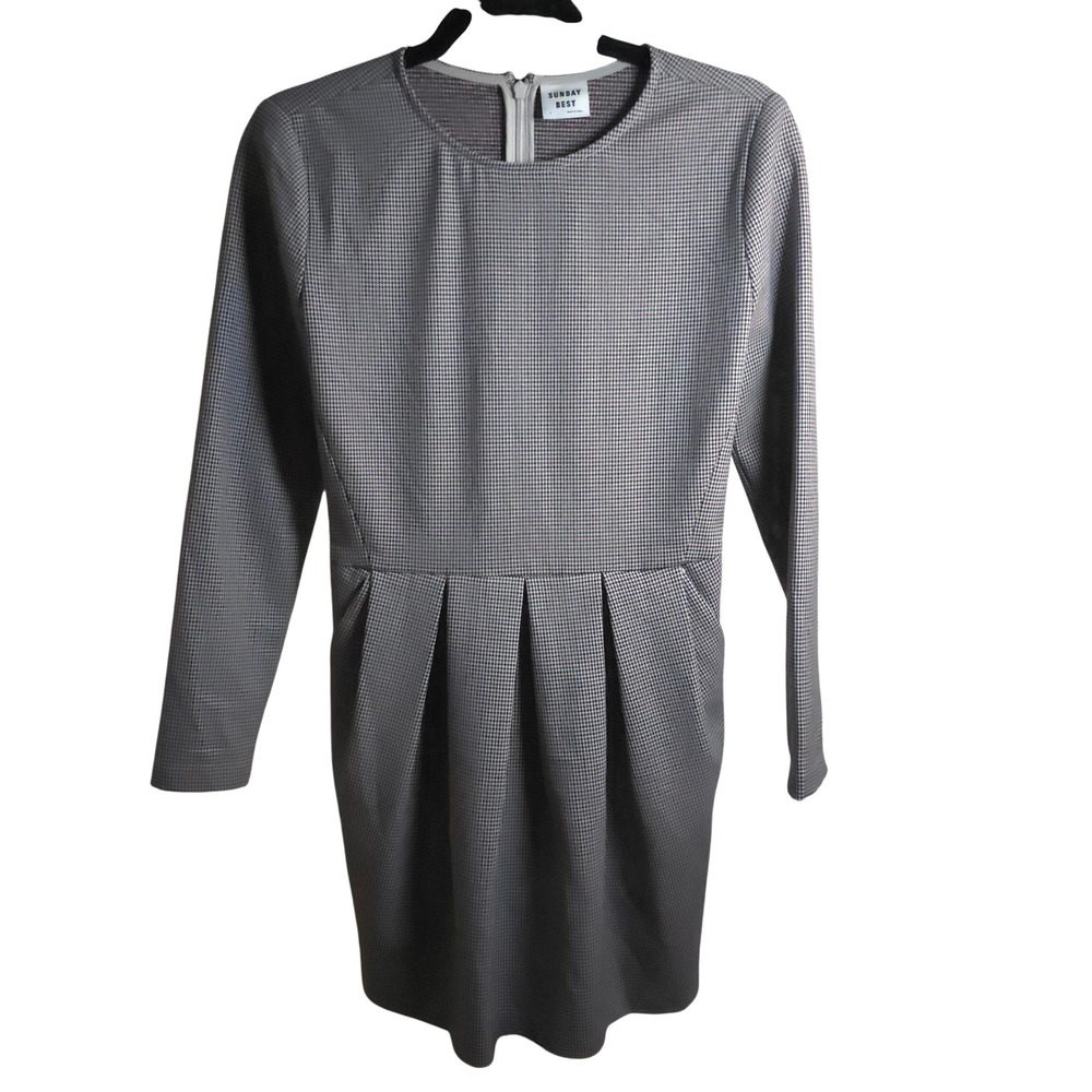 Aritzia Sunday Best Tartine Pleated Dress Gray Houndstooth Fit&Flare Long Sleeve - Picture 2 of 10